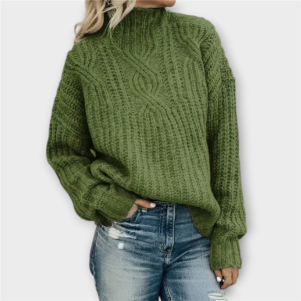 Women's Chunky Knit Turtleneck Sweater, Olive Green – front view