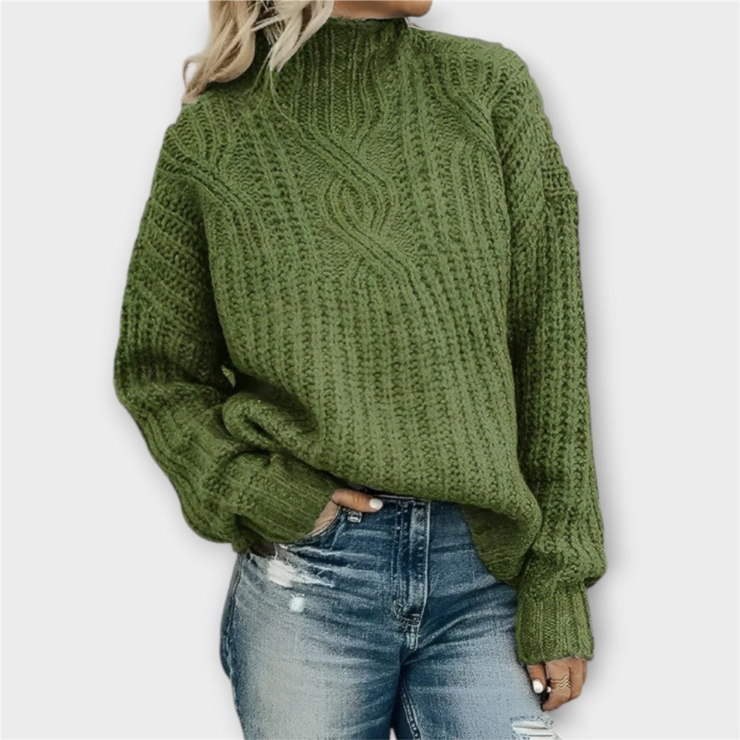 Women's Chunky Knit Turtleneck Sweater, Olive Green – front view