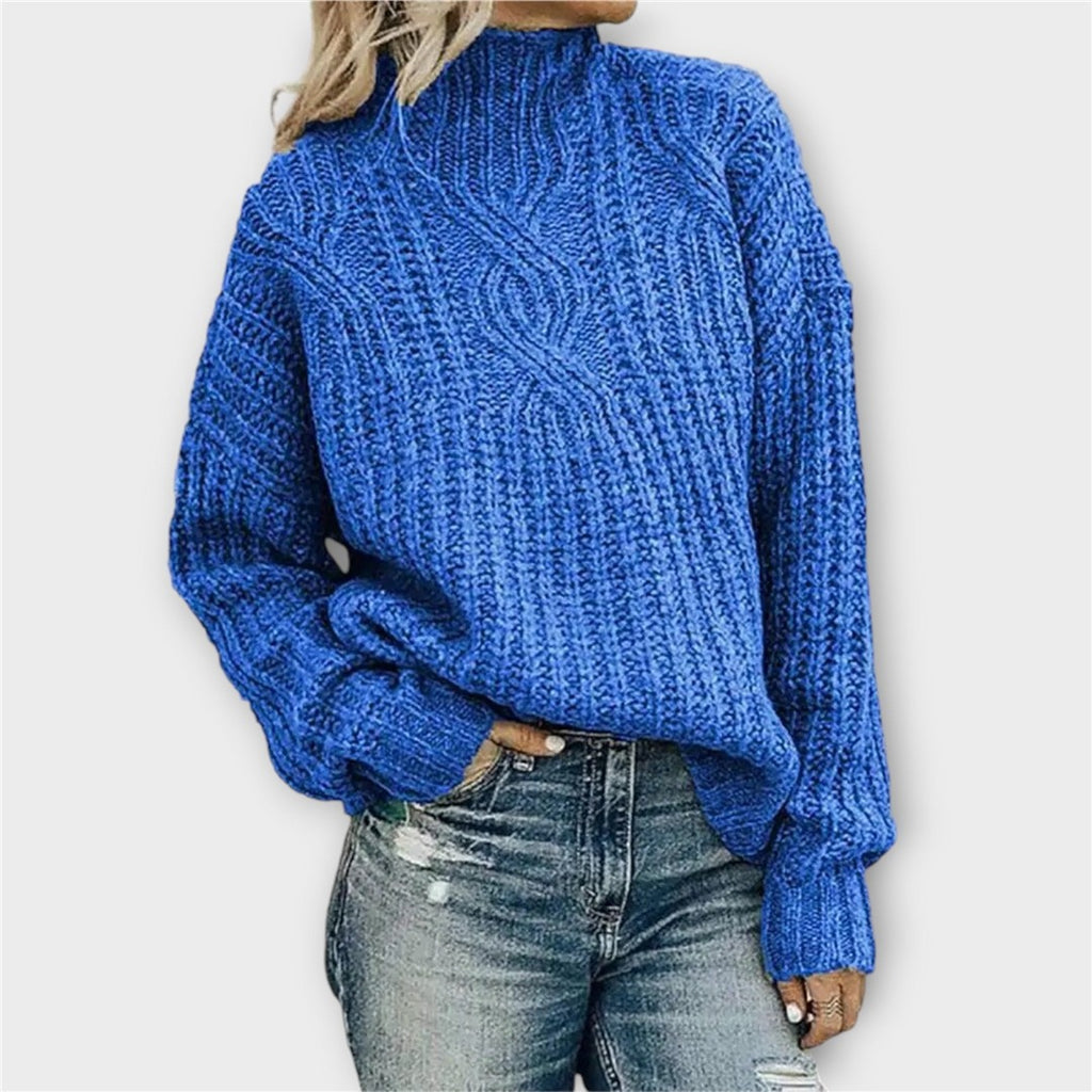 Women's Chunky Knit Turtleneck Sweater, Blue – front view