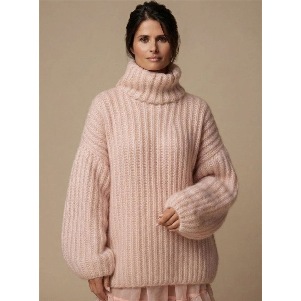Women's Chunky Ribbed Turtleneck Sweater, Pink – front view