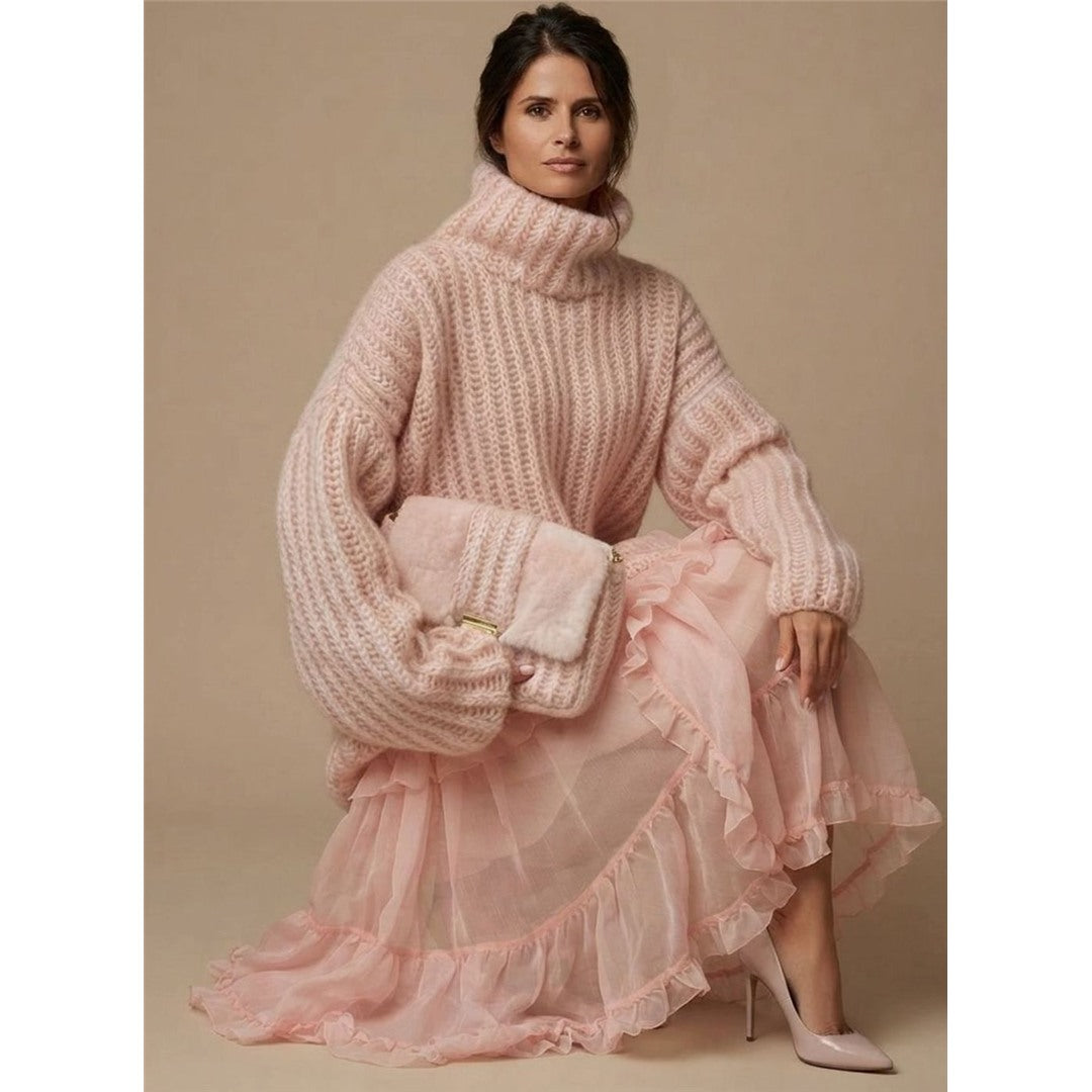 Women's Chunky Ribbed Turtleneck Sweater, Pink – styled with a skirt