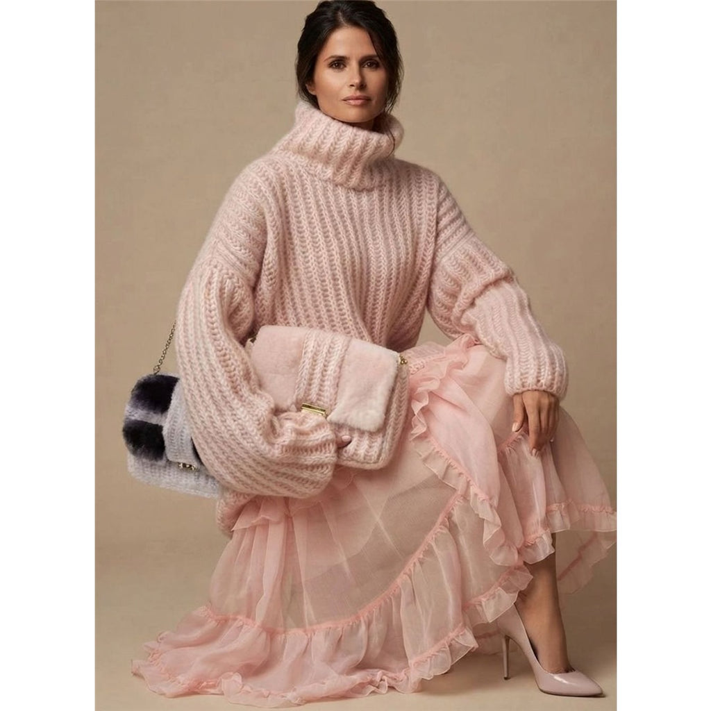 Women's Chunky Ribbed Turtleneck Sweater, Pink – styled with a skirt, view 2