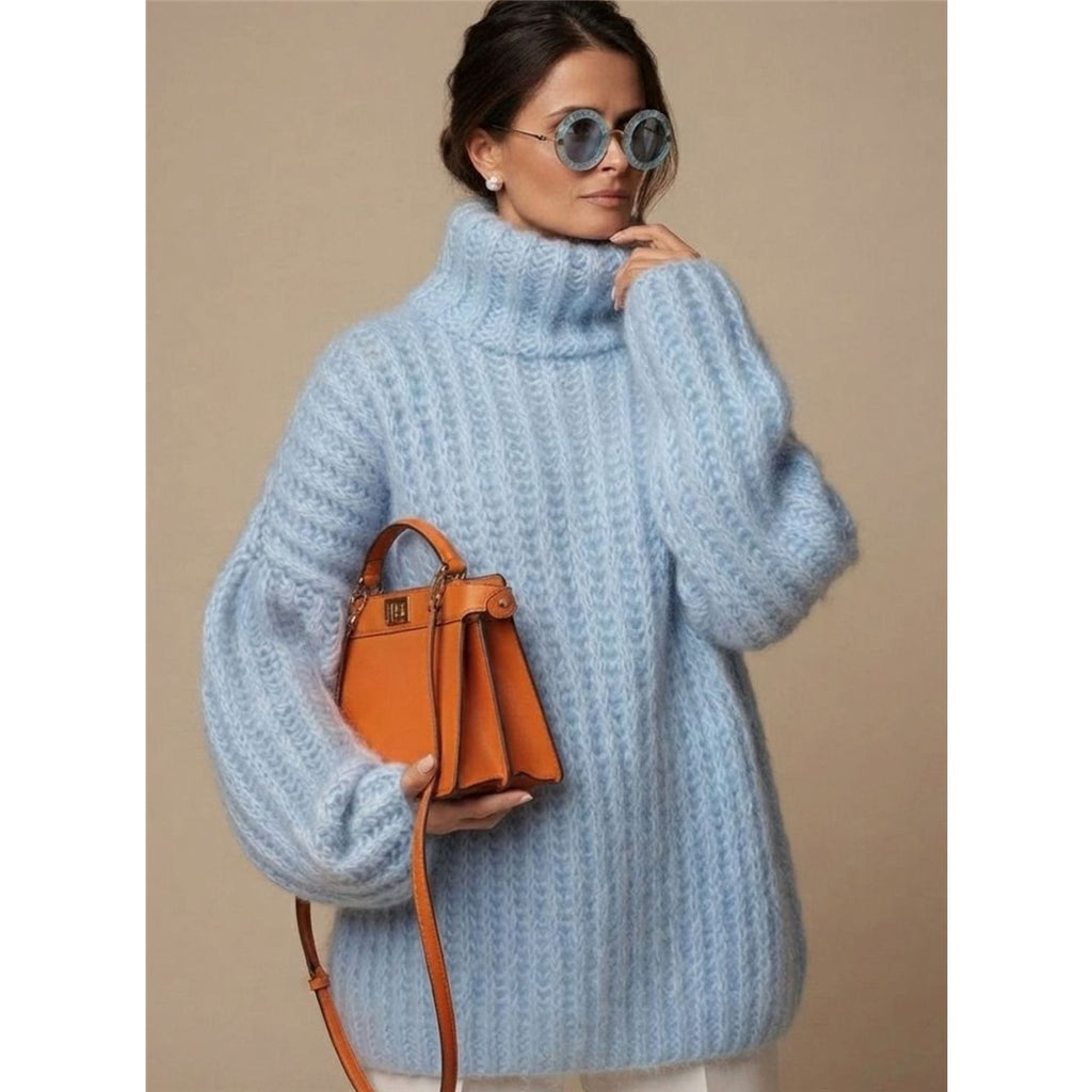 Women's Chunky Ribbed Turtleneck Sweater, Light Blue – front view