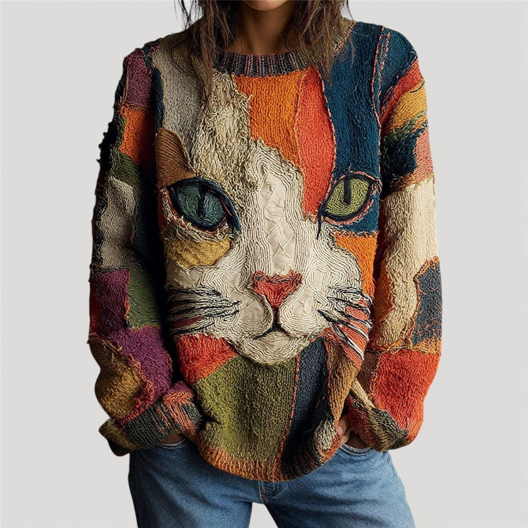 Women's Colorful Cat Pattern Knit Sweater, Multicolor – front view
