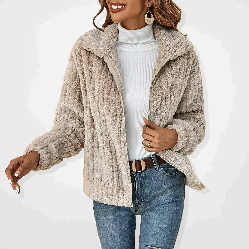 Women's Corduroy Look Teddy Jacket, Beige – front view