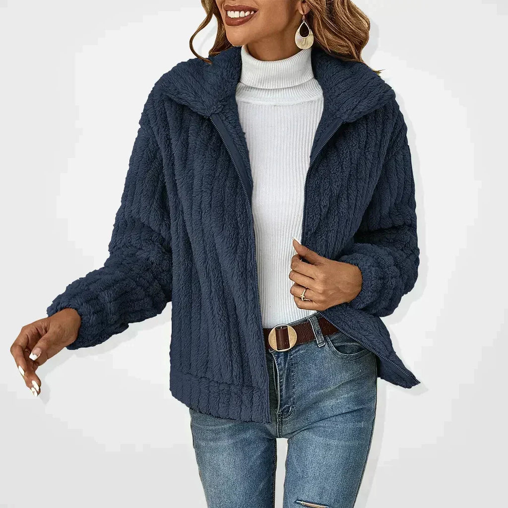 Women's Corduroy Look Teddy Jacket, Navy Blue – front view