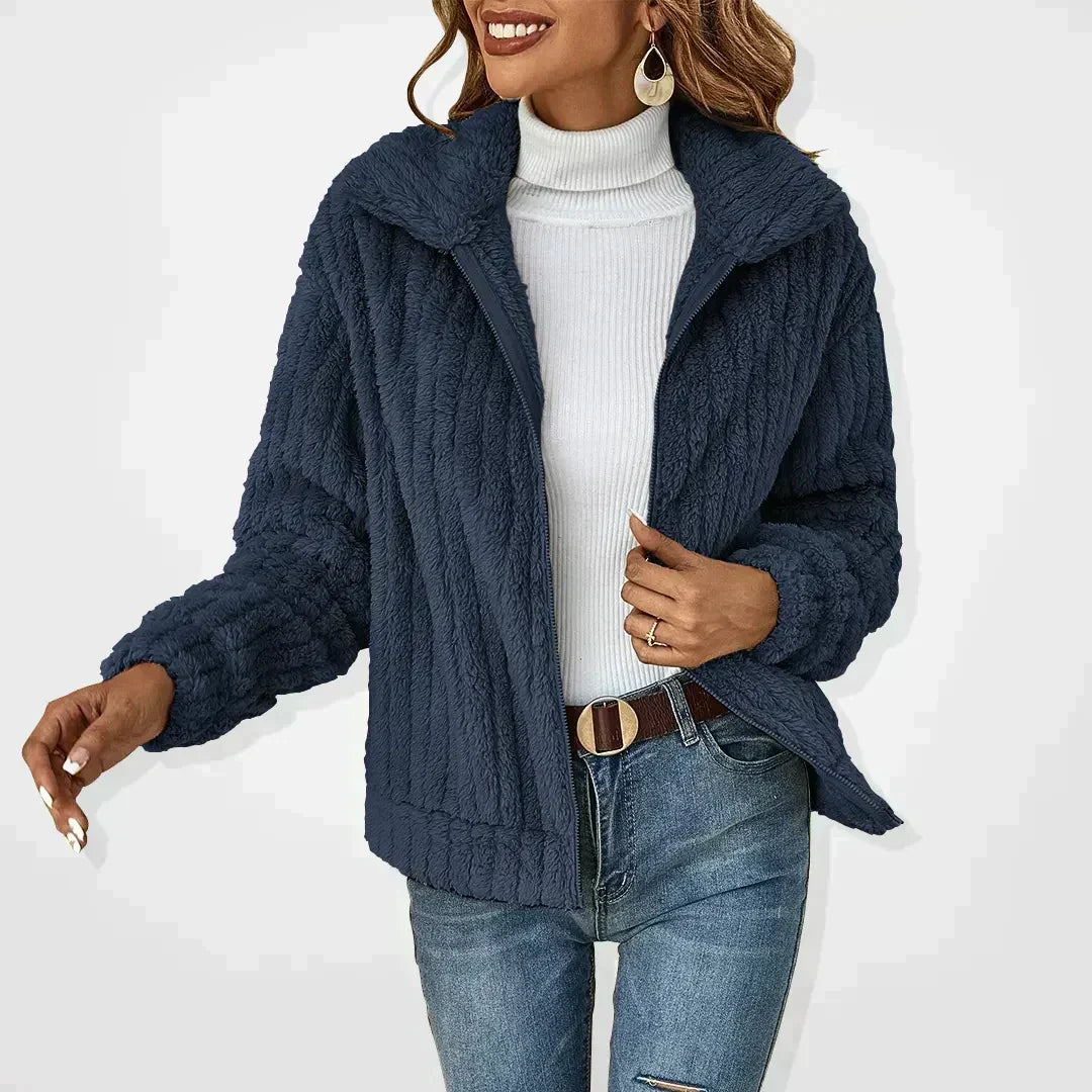 Women's Corduroy Look Teddy Jacket, Navy Blue – front view