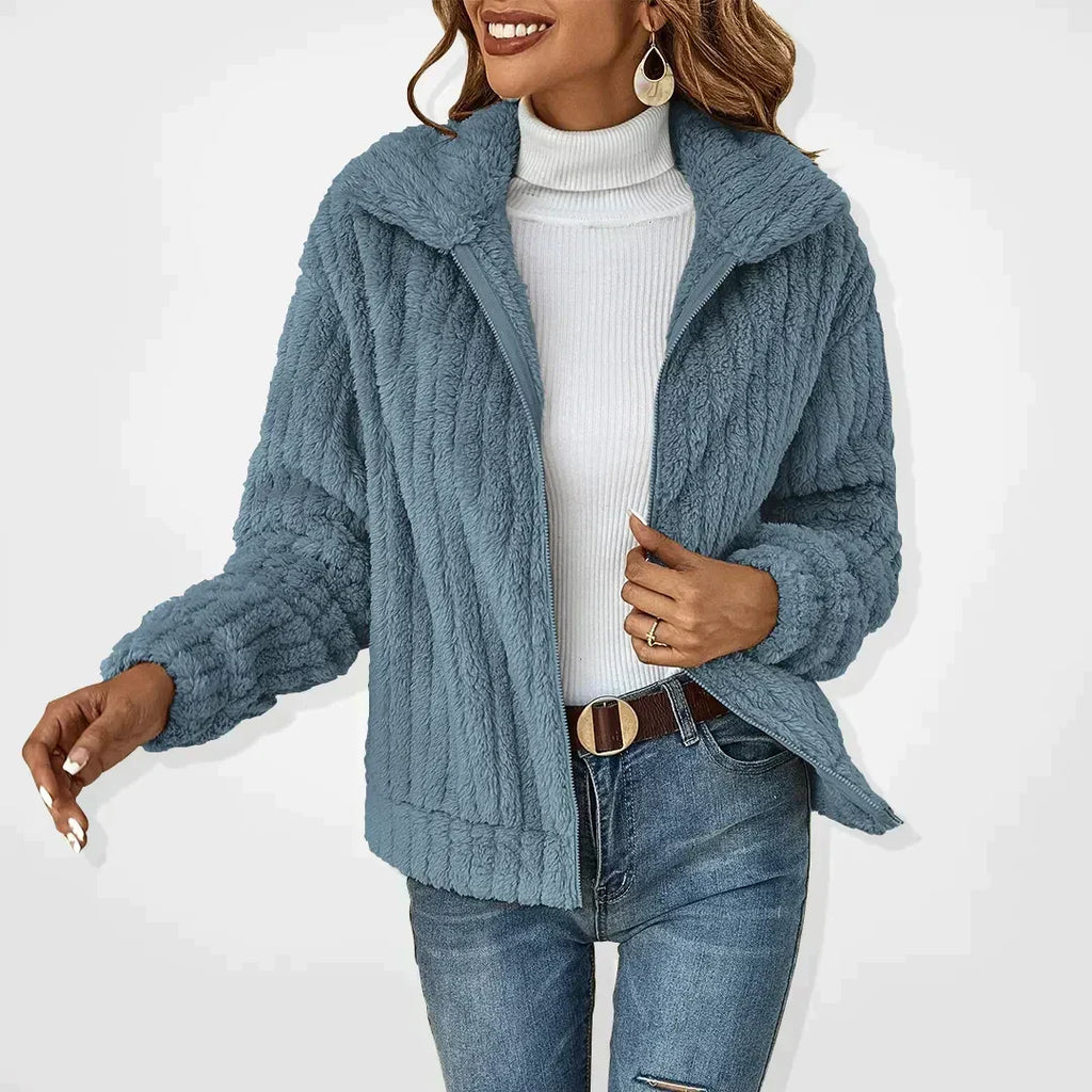 Women's Corduroy Look Teddy Jacket, Blue – front view