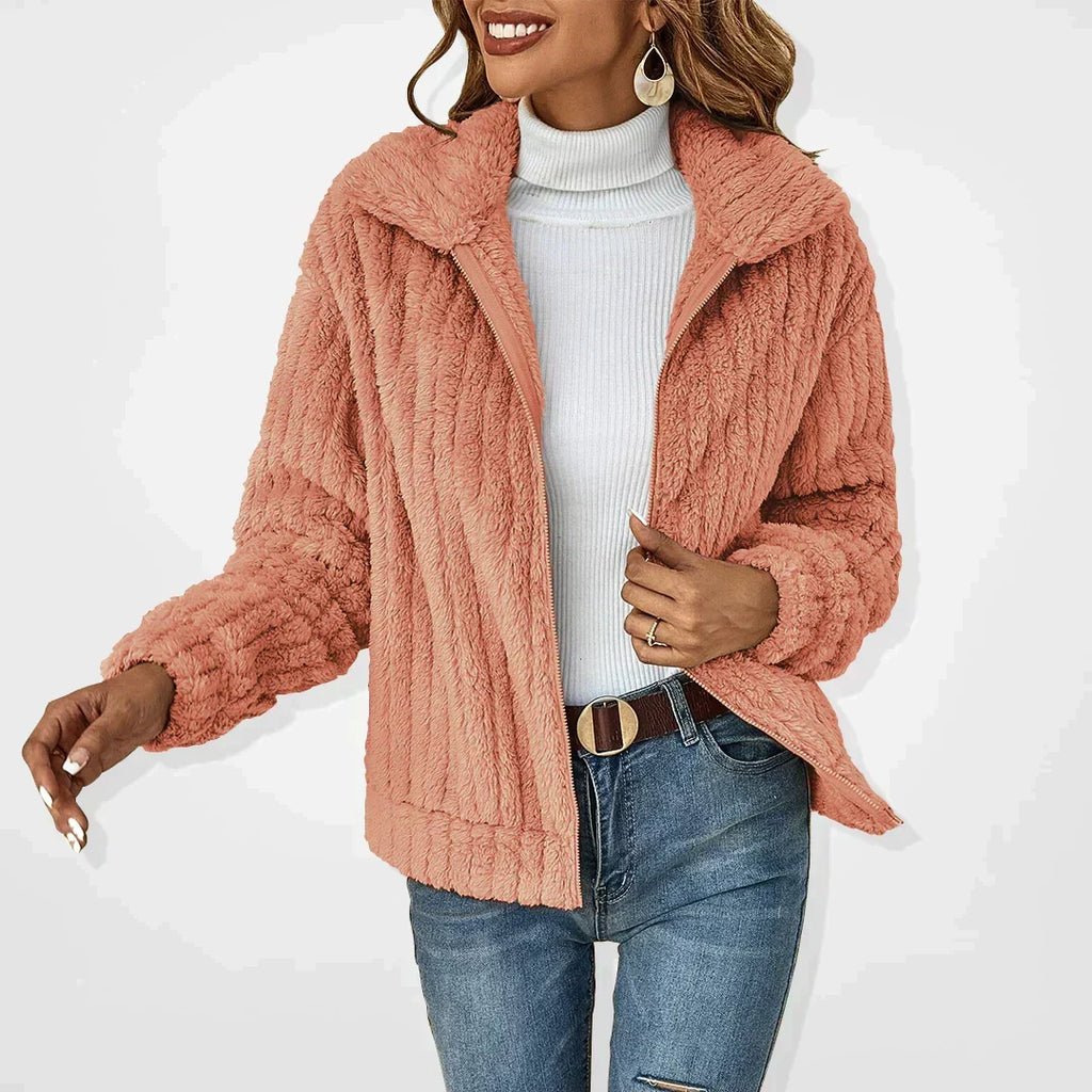 Women's Corduroy Look Teddy Jacket, Pink – front view