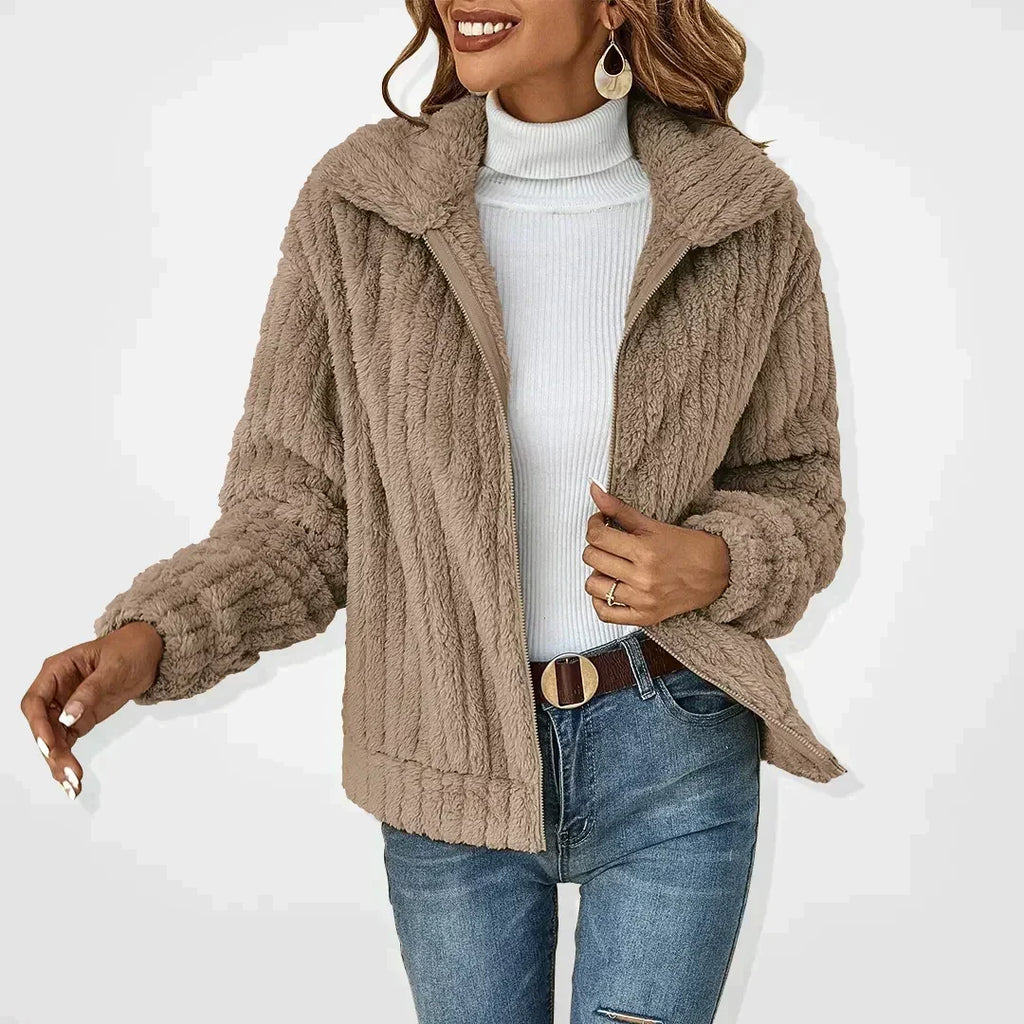 Women's Corduroy Look Teddy Jacket, Khaki – front view