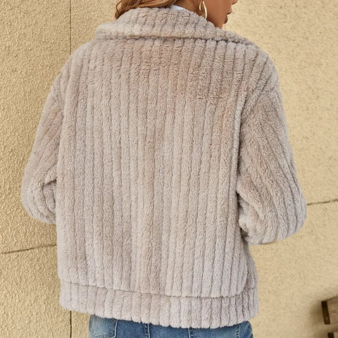 Women's Corduroy Look Teddy Jacket, Beige – texture close-up