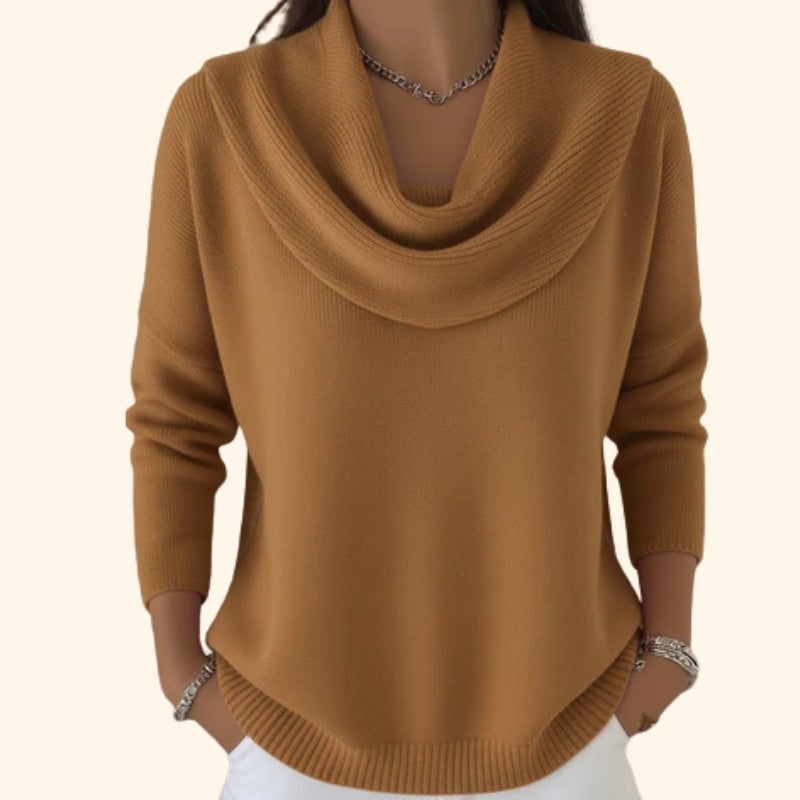 Women's Draped Cowl Neck Sweater, Camel – front view