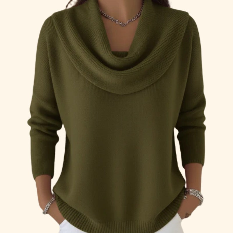 Women's Draped Cowl Neck Sweater, Olive – front view