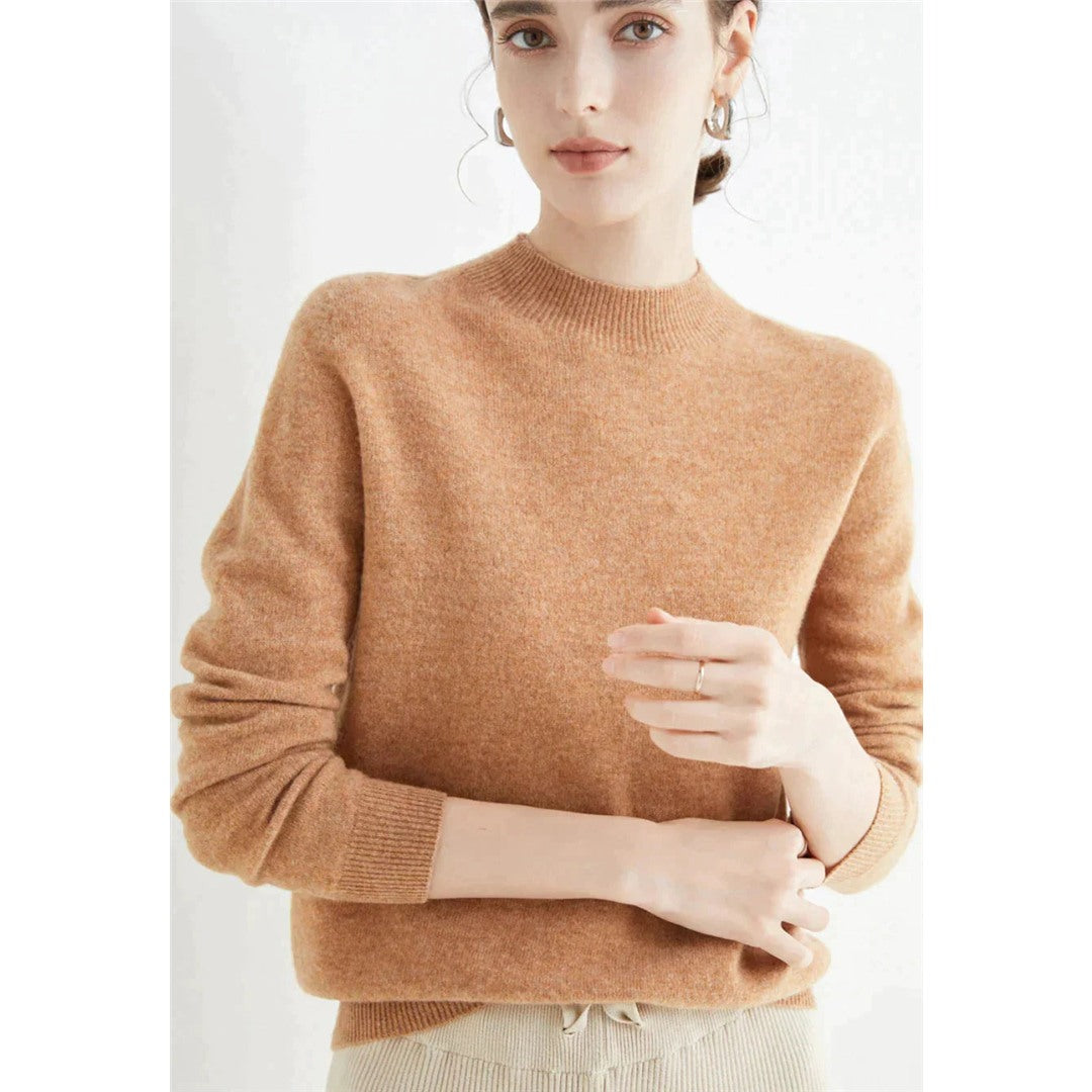 Women's Fine Knit Round Neck Sweater, Light Brown – front view