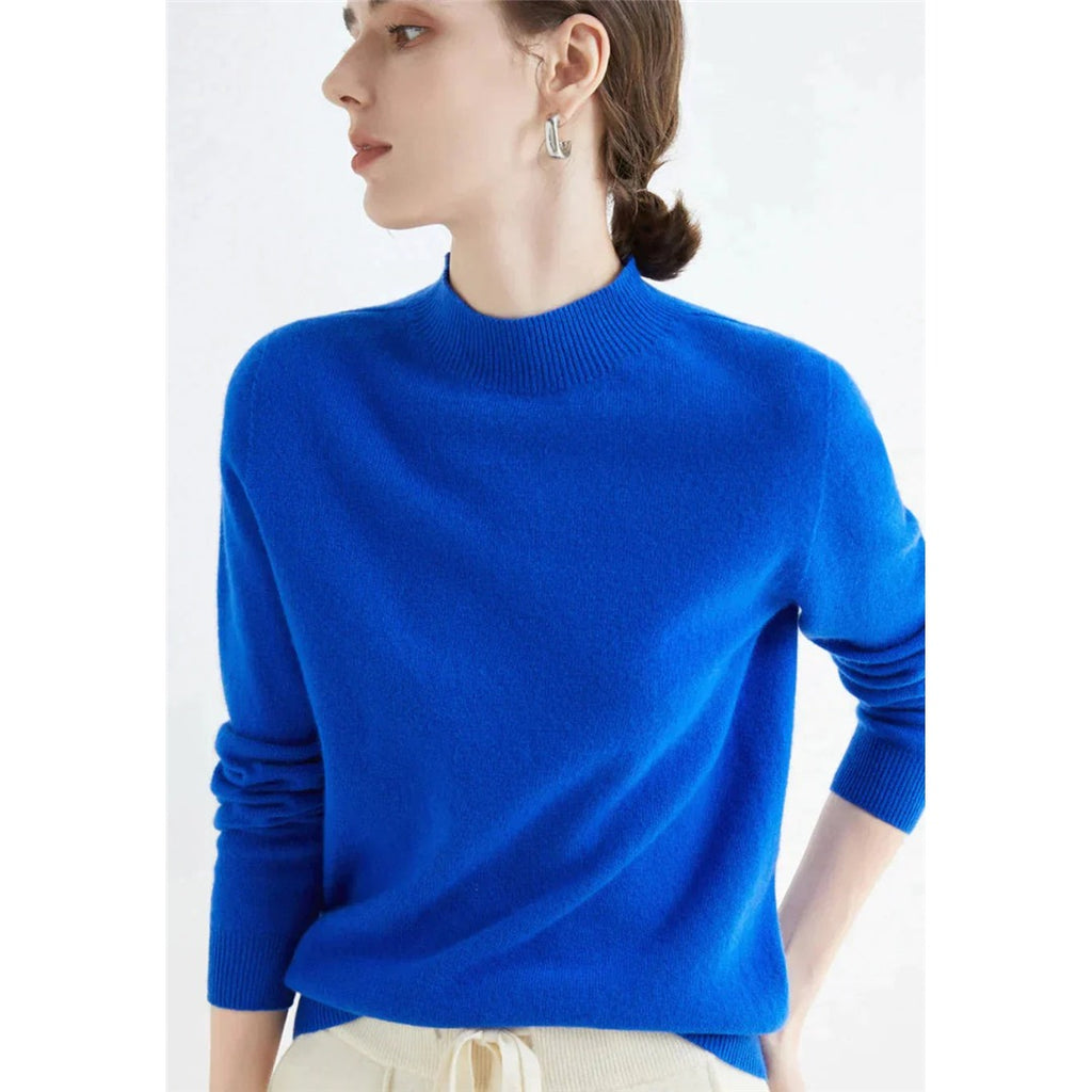 Women's Fine Knit Round Neck Sweater, Blue – front view