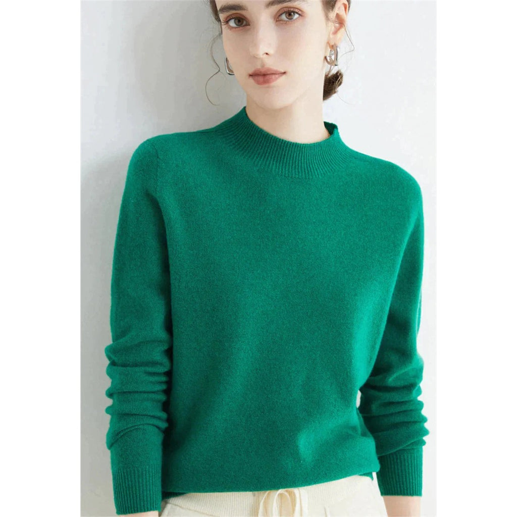 Women's Fine Knit Round Neck Sweater, Dark Green – front view