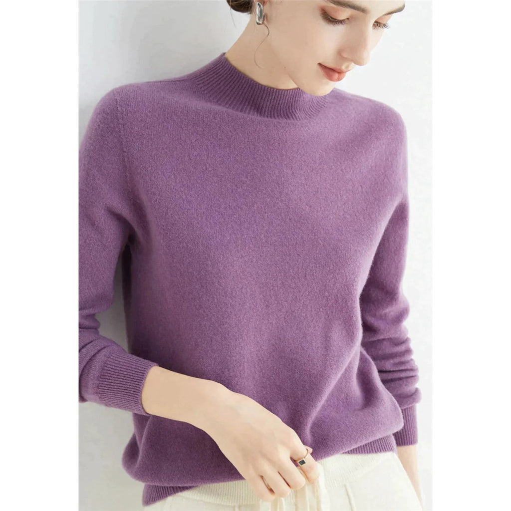 Women's Fine Knit Round Neck Sweater, Purple – front view