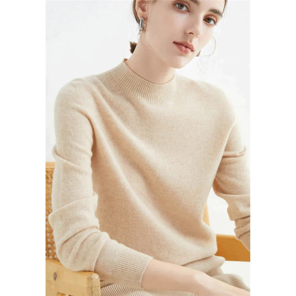 Women's Fine Knit Round Neck Sweater, Beige – front view