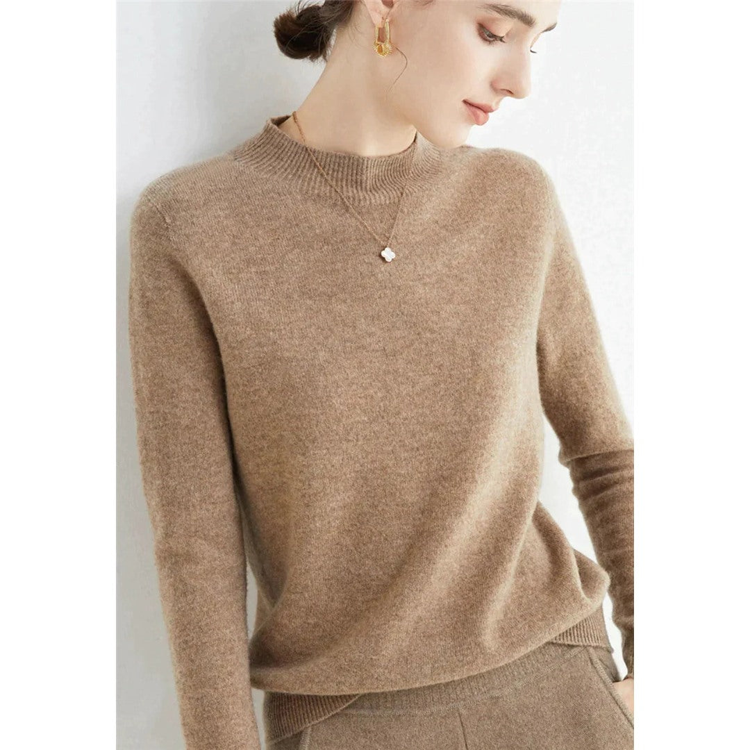 Women's Fine Knit Round Neck Sweater, Brown – front view