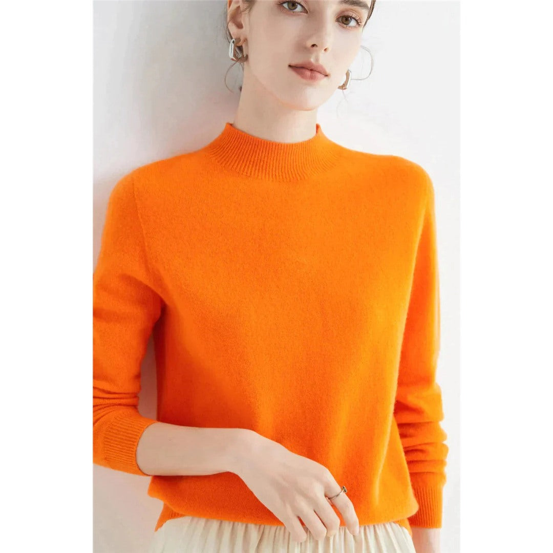 Women's Fine Knit Round Neck Sweater, Orange – front view