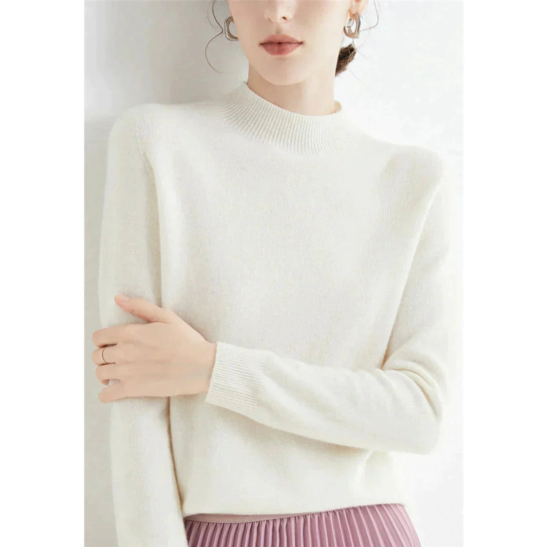 Women's Fine Knit Round Neck Sweater, White – front view