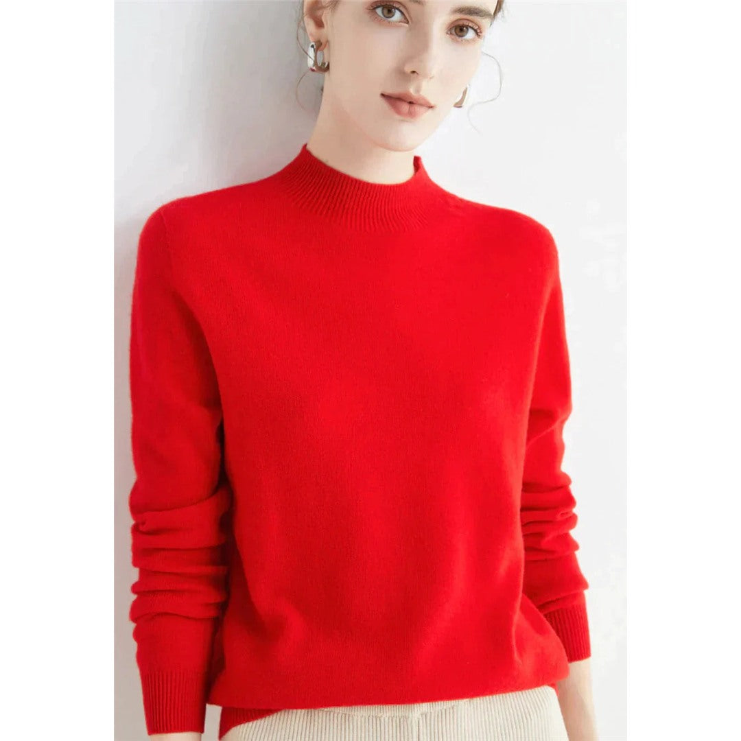 Women's Fine Knit Round Neck Sweater, Red – front view