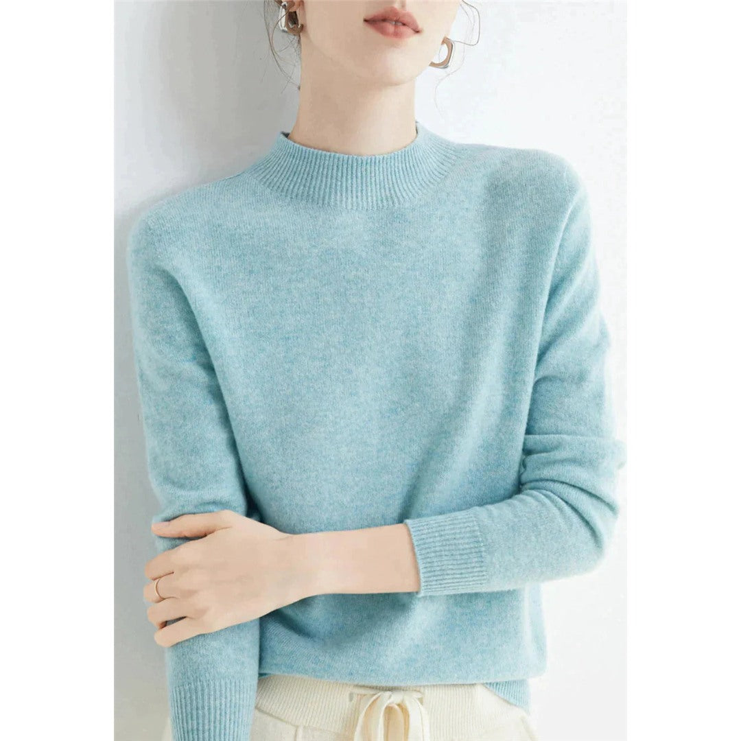 Women's Fine Knit Round Neck Sweater, Light Blue – front view