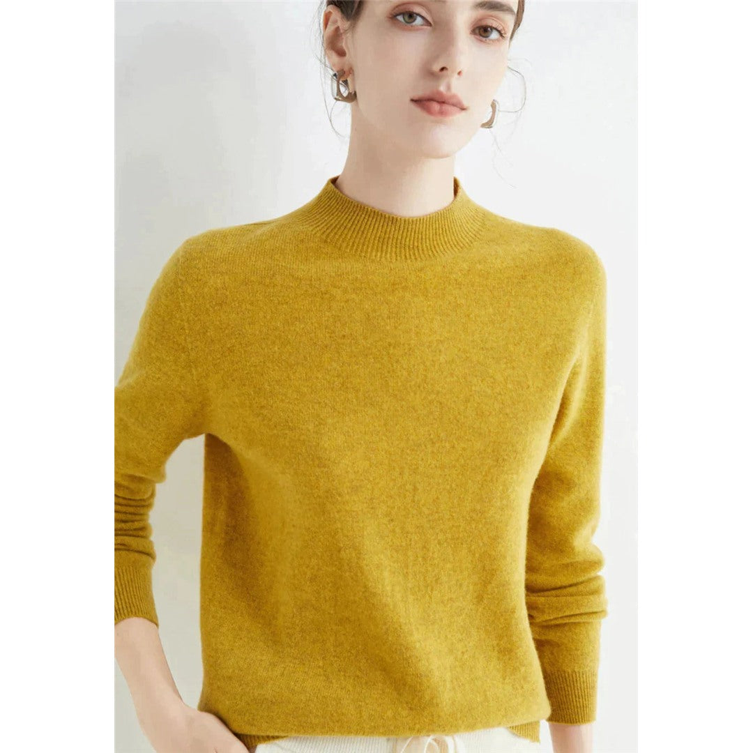 Women's Fine Knit Round Neck Sweater, Mustard – front view