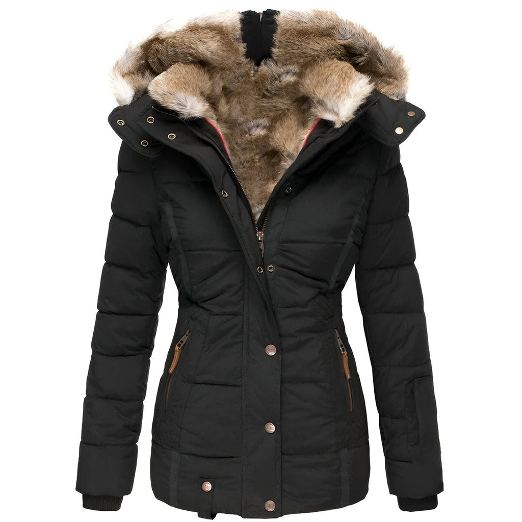Women's Fitted Puffer Jacket with Plush Trim Hood, Black – front view