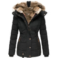 Women's Fitted Puffer Jacket with Plush Trim Hood, Black – front view