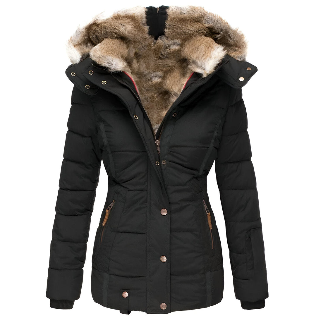 Women's Fitted Puffer Jacket with Plush Trim Hood, Black – front view