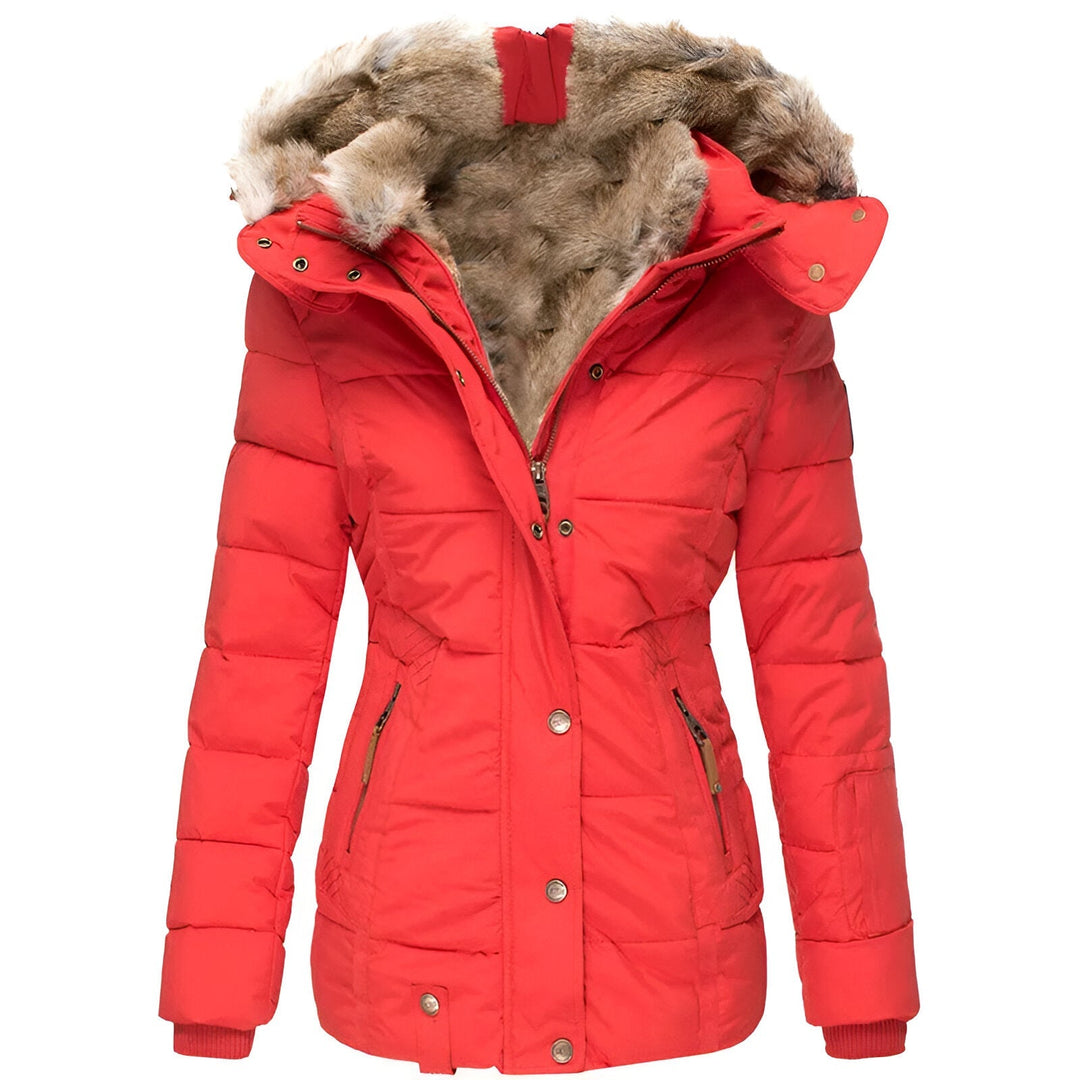 Women's Fitted Puffer Jacket with Plush Trim Hood, Red – front view