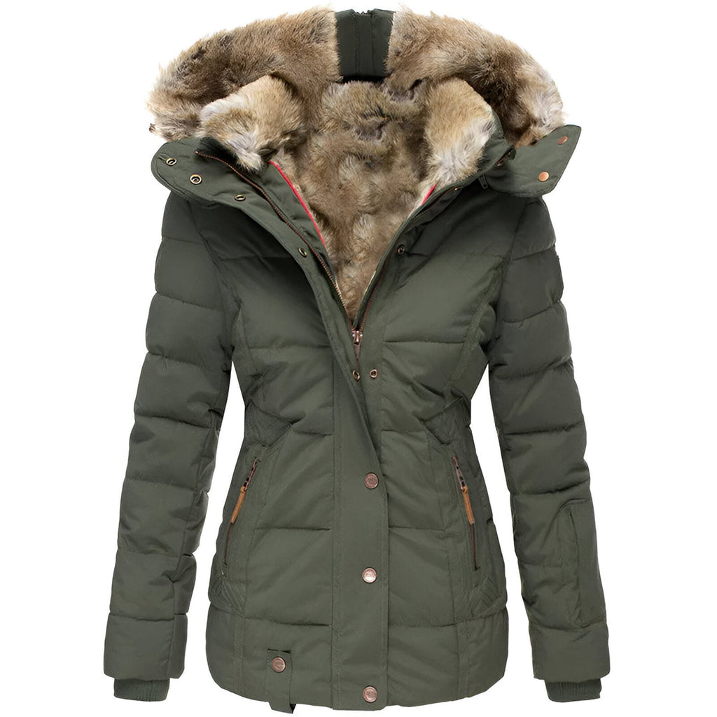 Women's Fitted Puffer Jacket with Plush Trim Hood, Green – front view