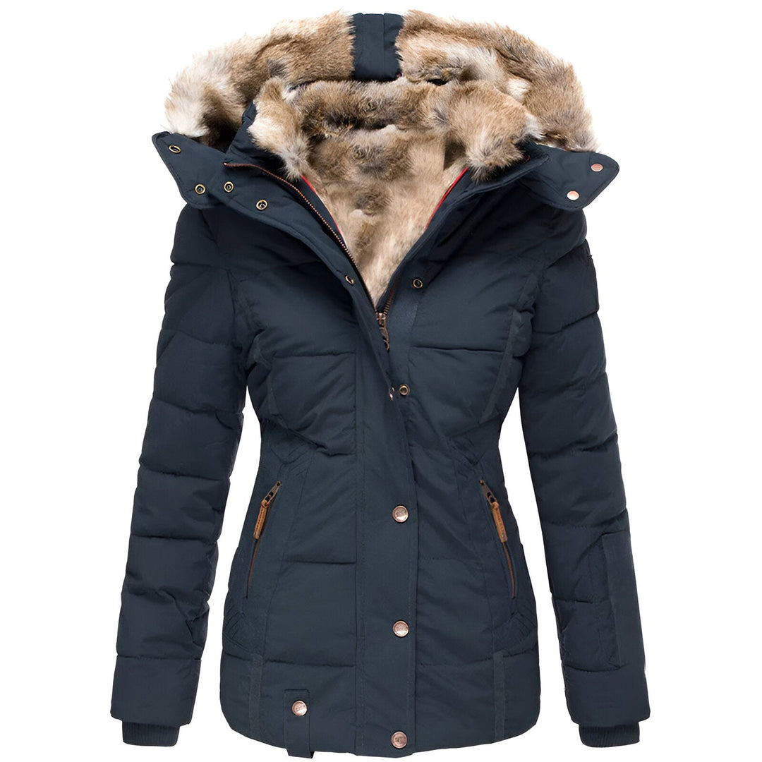 Women's Fitted Puffer Jacket with Plush Trim Hood, Navy Blue – front view