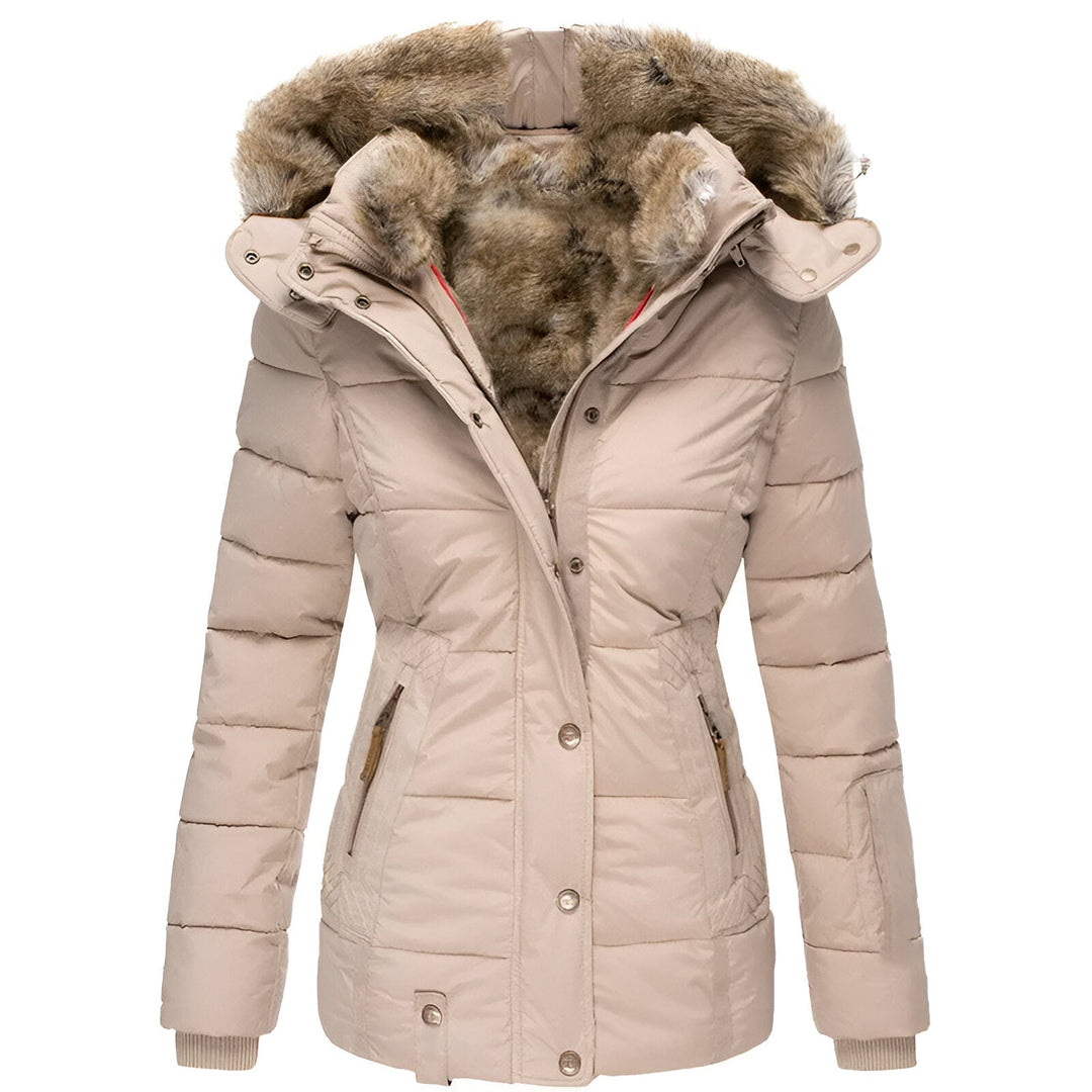 Women's Fitted Puffer Jacket with Plush Trim Hood, Beige – front view