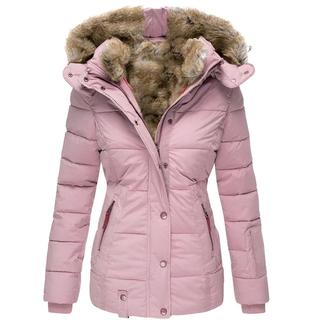 Women's Fitted Puffer Jacket with Plush Trim Hood, Pink – front view