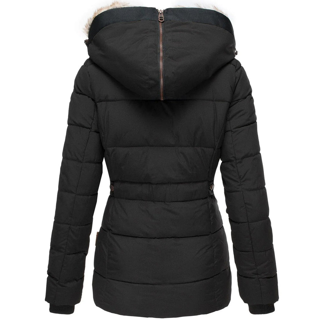 Women's Fitted Puffer Jacket with Plush Trim Hood, Black – back view
