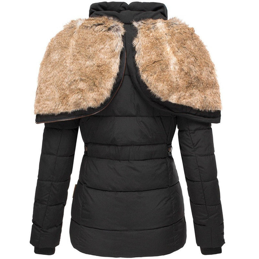 Women's Fitted Puffer Jacket with Plush Trim Hood, Black – plush hood detail