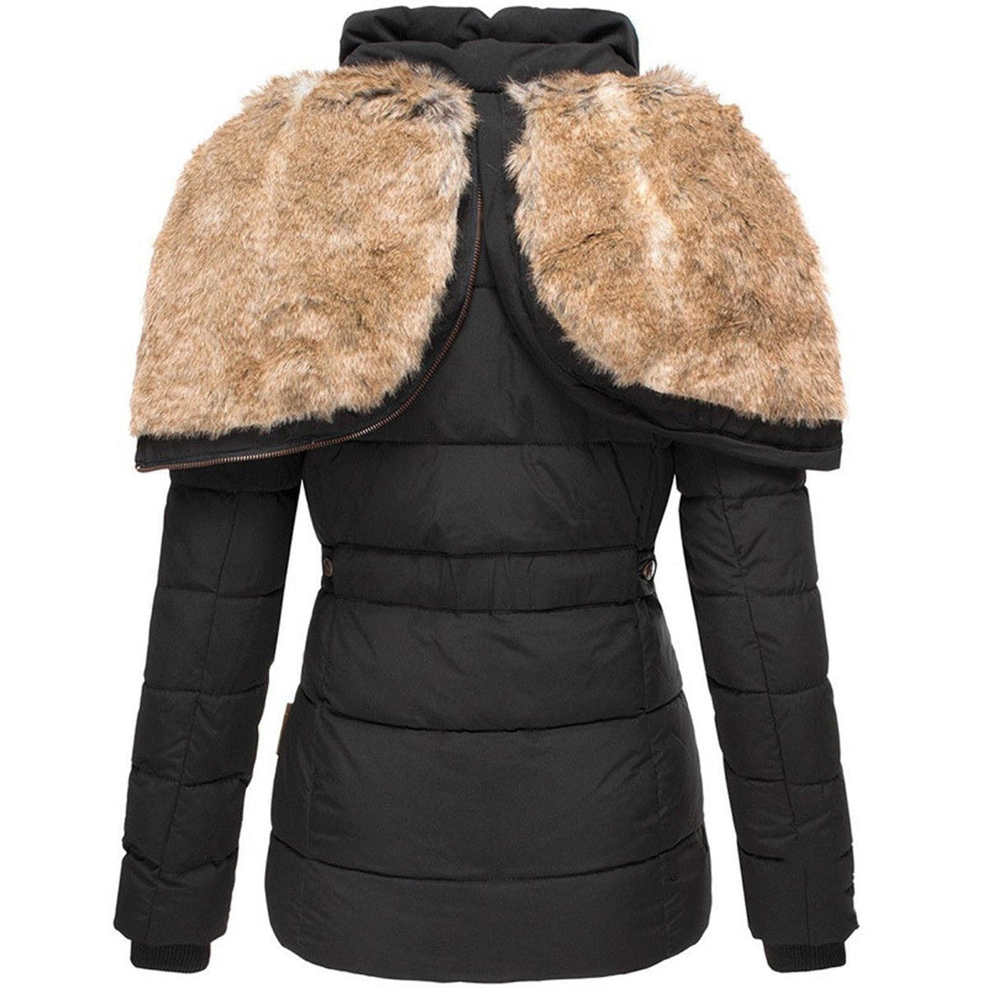 Women's Fitted Puffer Jacket with Plush Trim Hood, Black – plush hood detail