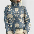 Women's Floral Print Turtleneck Sweater, Light Blue – front view