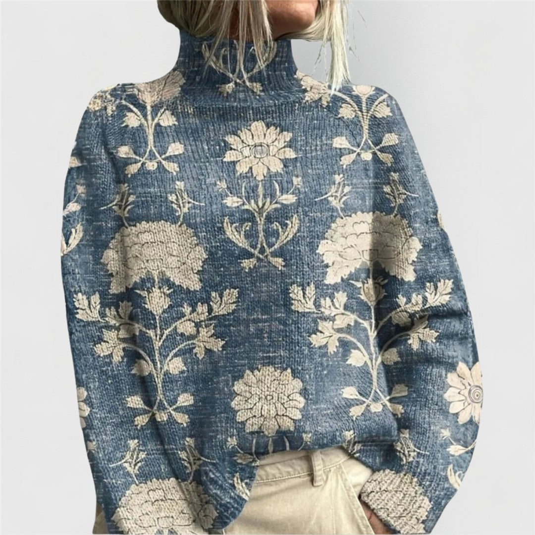 Women's Floral Print Turtleneck Sweater, Light Blue – front view