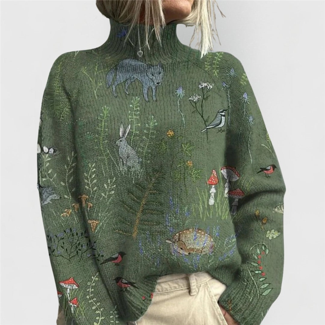 Women's Floral Print Turtleneck Sweater, Green – front view