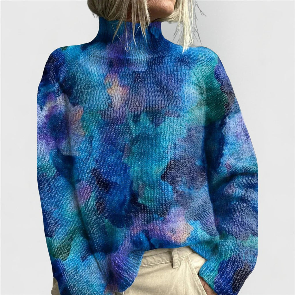 Women's Floral Print Turtleneck Sweater, Blue – front view