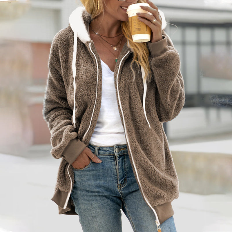 Women's Hooded Teddy Jacket with Zip, Beige – front view