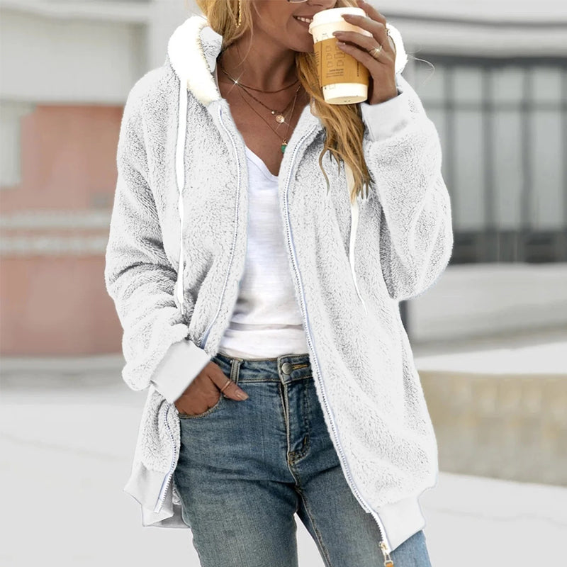 Women's Hooded Teddy Jacket with Zip, White – front view