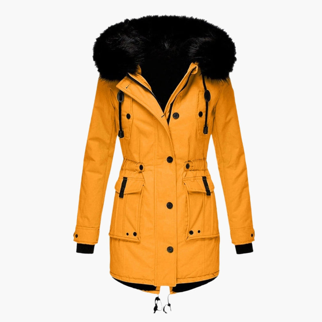 Women's Hooded Winter Parka with Plush Trim, Gold – front view