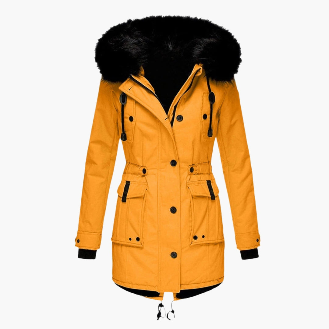 Women's Hooded Winter Parka with Plush Trim, Gold – front view