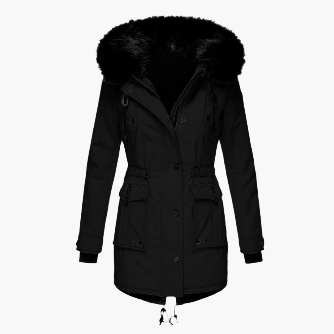 Women's Hooded Winter Parka with Plush Trim, Black – front view