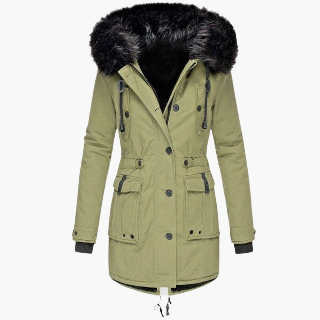 Women's Hooded Winter Parka with Plush Trim, Green – front view