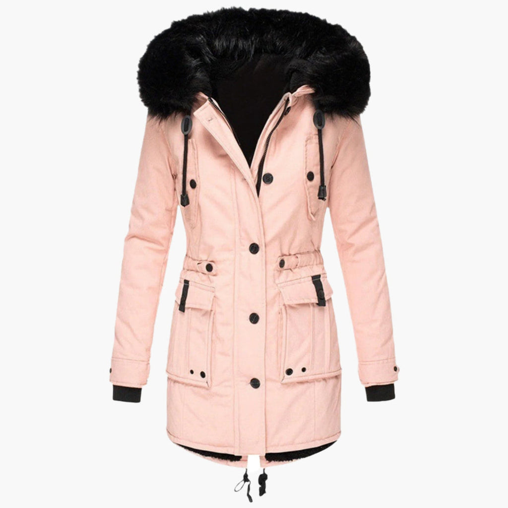 Women's Hooded Winter Parka with Plush Trim, Pink – front view